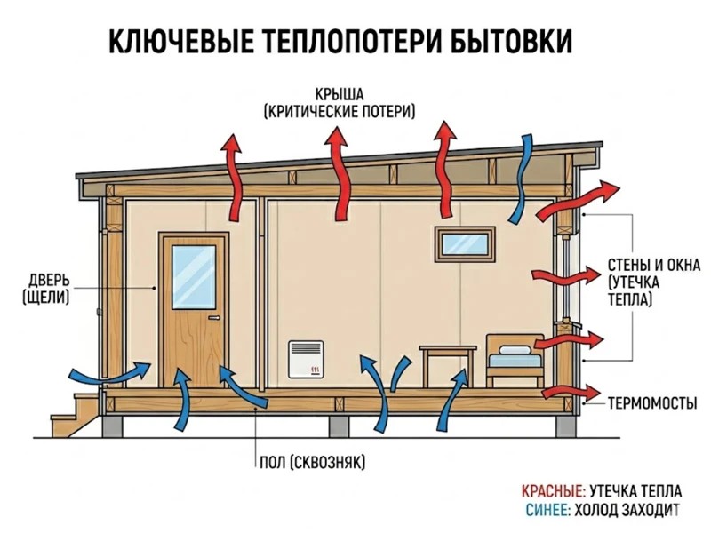 Схема теплопотерь в стандартном блок-контейнере.