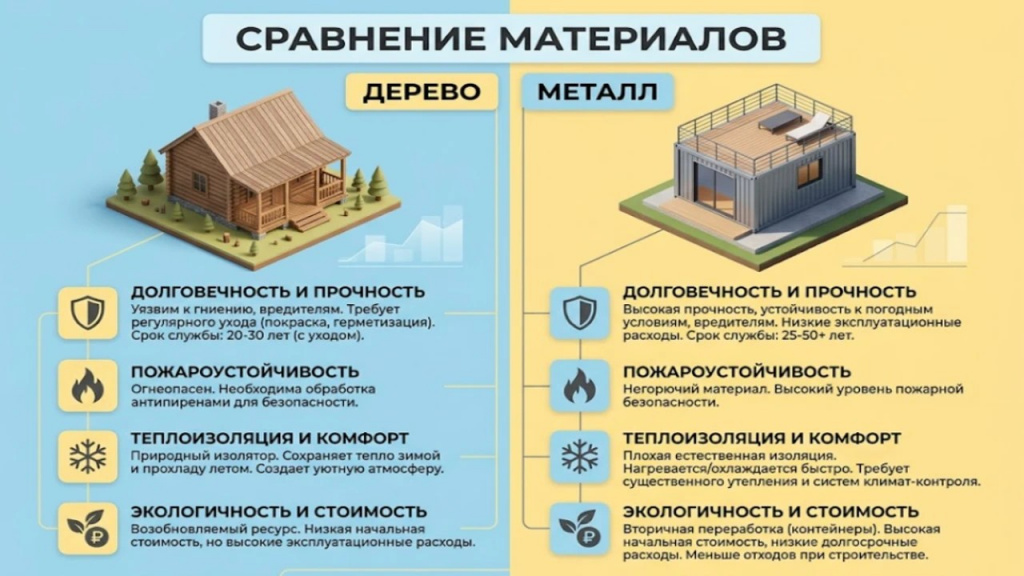 Инфографика сравнения материалов деревянных и металлических бытовок