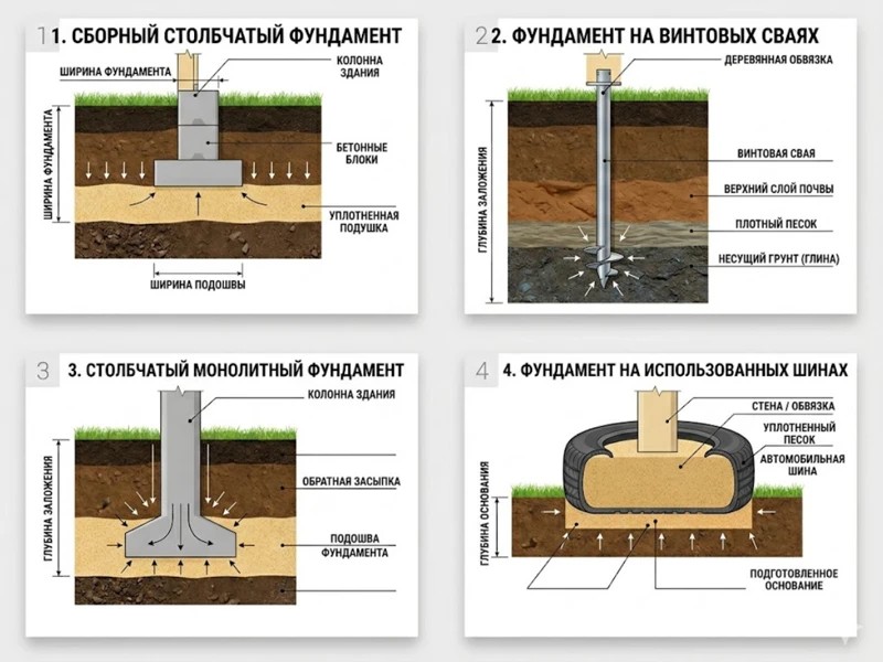 Схема и виды фундаментов под деревянную или металлическую бытовку