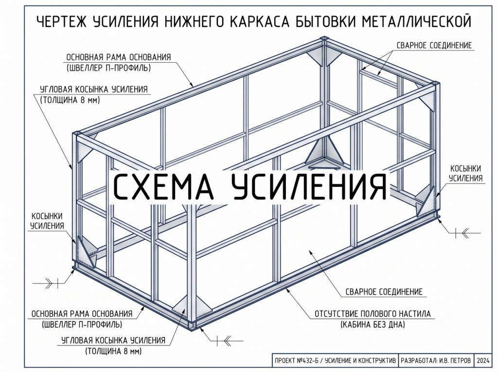 Инфографика: схема усиления нижнего каркаса бытовки без пола