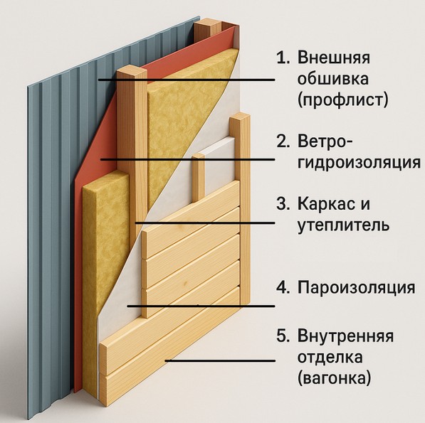 Схема слоев утепления стены дачной бытовки