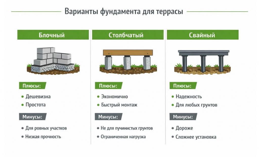 Инфографика по выбору фундамента для террасы к бытовке