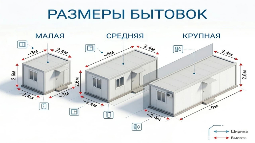 Инфографика сравнения стандартных размеров модульных бытовок
