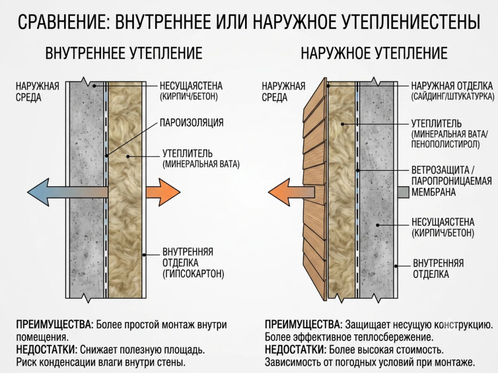 Инфографика: сравнение утепления бытовки изнутри и снаружи