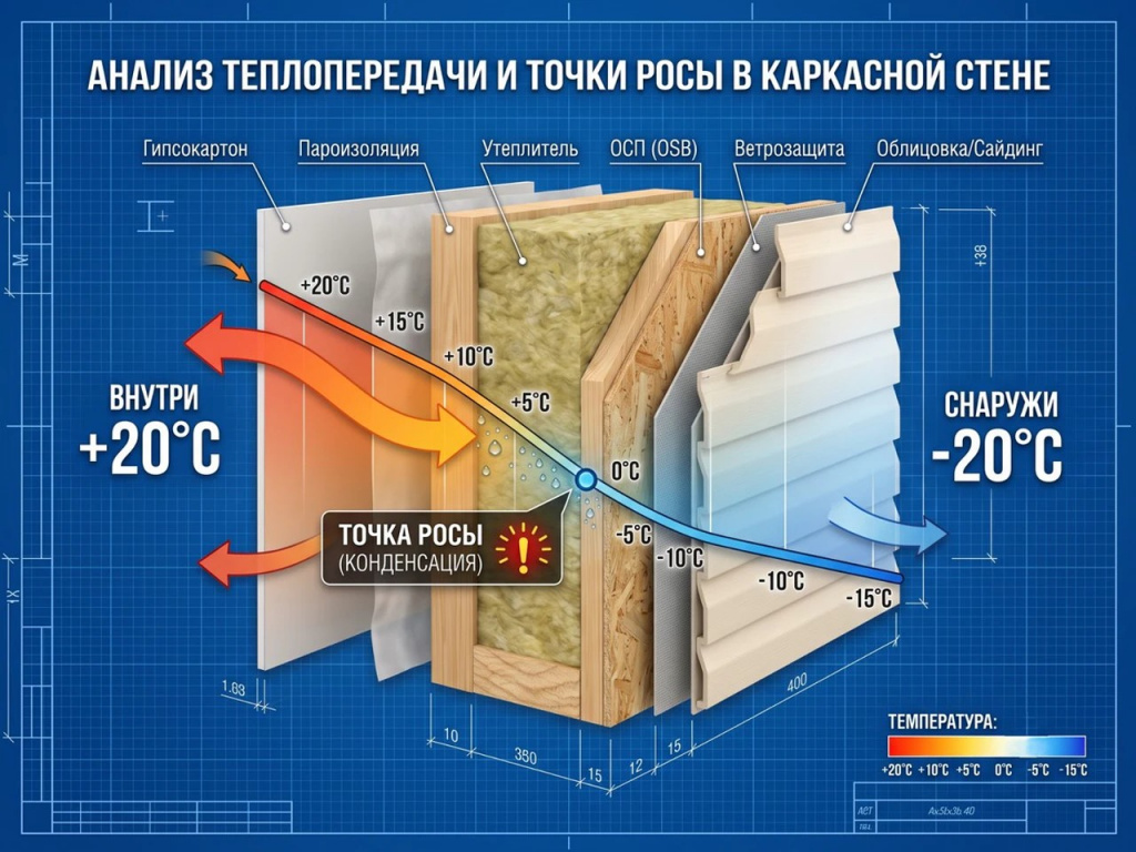 Схема расположения точки росы в пироге утепленной стены