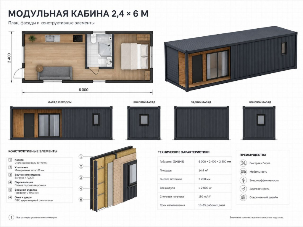 Схема с оптимальными размерами бытовки для транспортировки