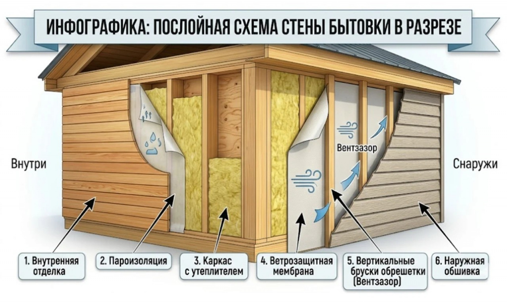 Наглядная послойная схема "пирога" стены бытовки в разрезе.