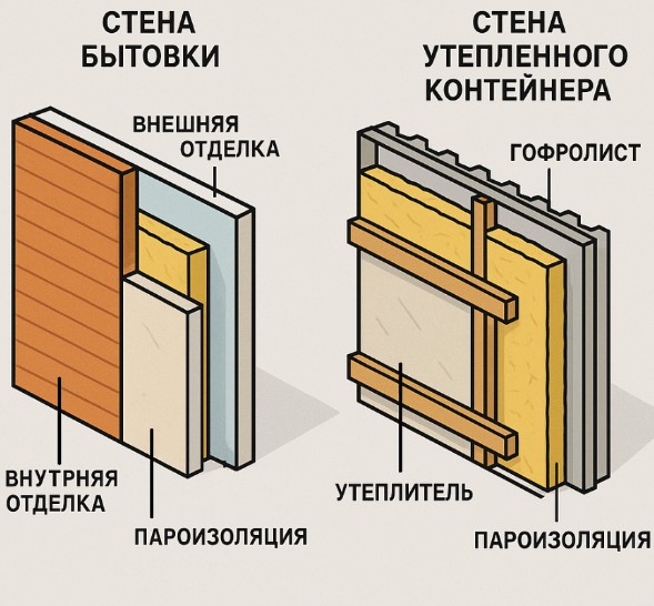 Сравнение устройства стены бытовки и морского контейнера