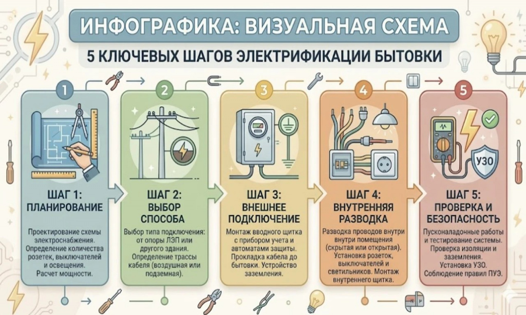 Визуальная схема "5 ключевых шагов электрификации бытовки".