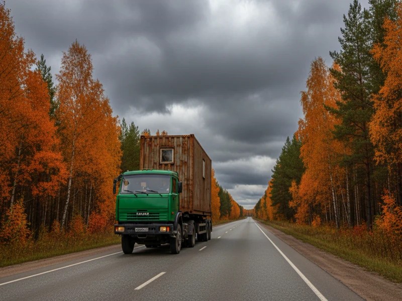 Перевозка негабаритной бытовки на грузовом трале по шоссе.
