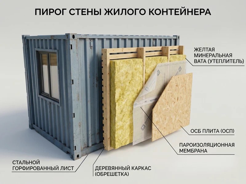 Схема правильного пирога утепления стен морского контейнера изнутри